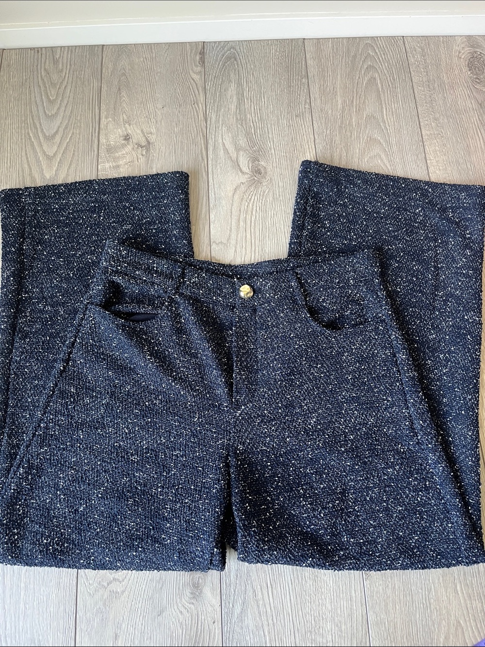 H&M Bouclé Tweed High Rise Wide Leg Pants Navy Blue Size Large - Picture 4 of 9